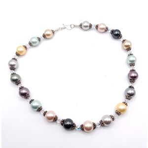 Vintage Multicolor Faux Pearl Necklace Crystal Beaded Silver Tone